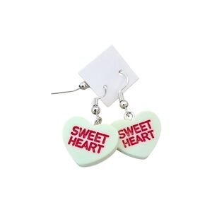 Mint Heart Dangle Earrings with Red 'SWEET HEART' Lettering